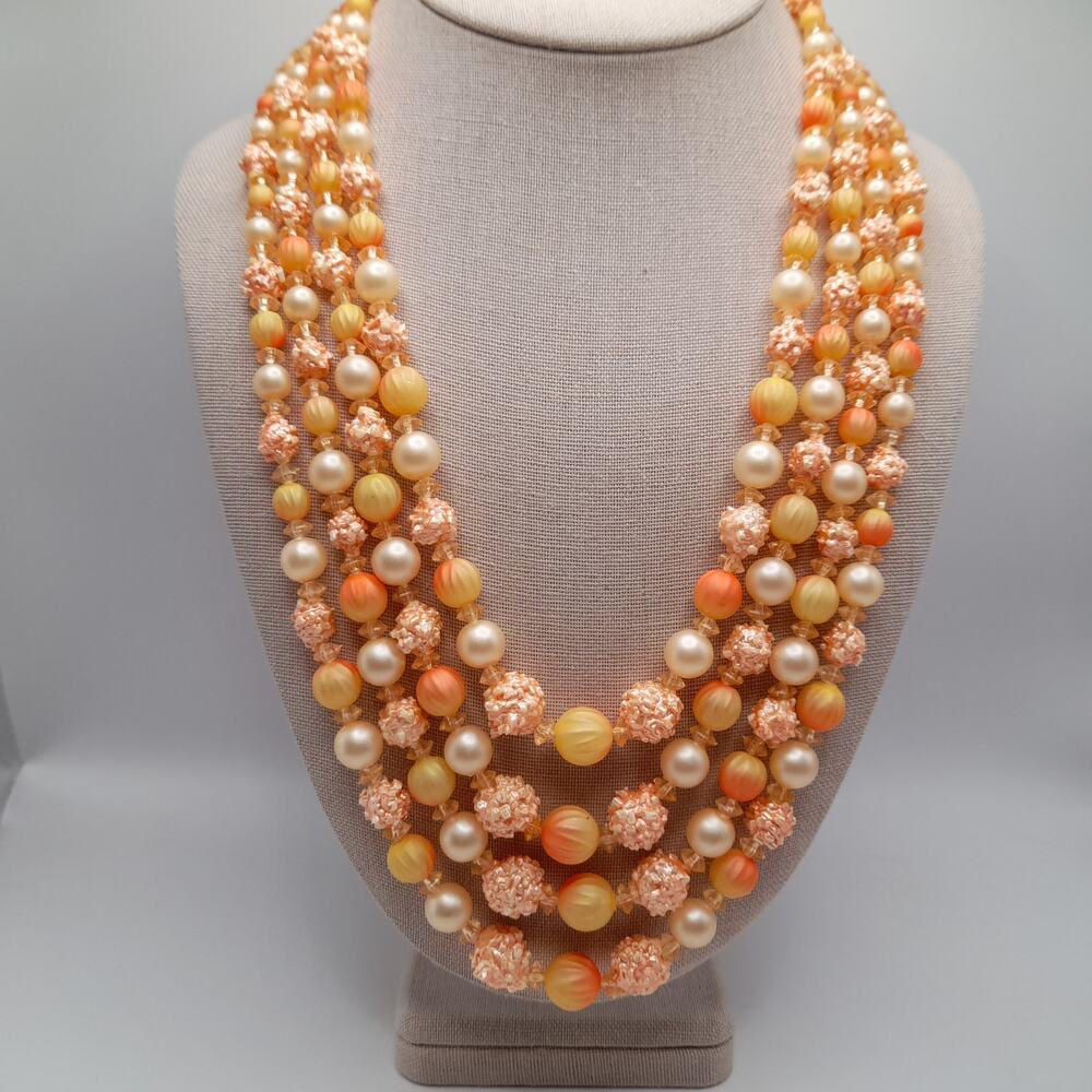 Vintage Hong Kong Lucite Necklace 4-Strand 22" Orange Peach Multi Bead